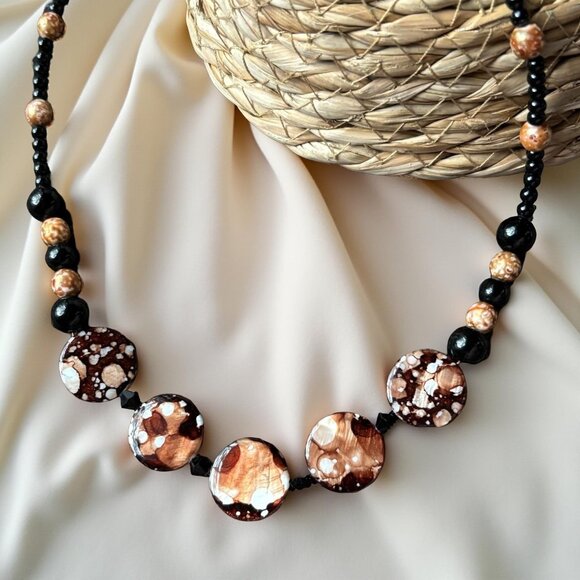 Brown and Black Acrylic Bead Necklace & Earring Set – 20" Toggle Necklace with D - Picture 1 of 7